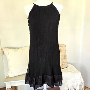 Poppy Garden Classic Black 100% Silk Ruched Stappy  Knee Lengh Dress Size Large